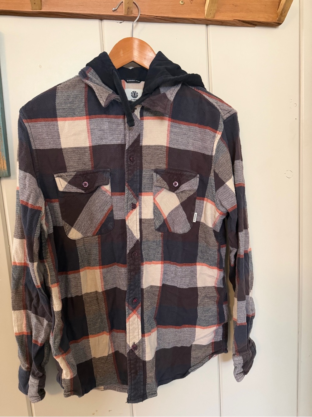 Element Men’s Medium Hooded Plaid Flannel Shirt Skate Grunge Brown Navy